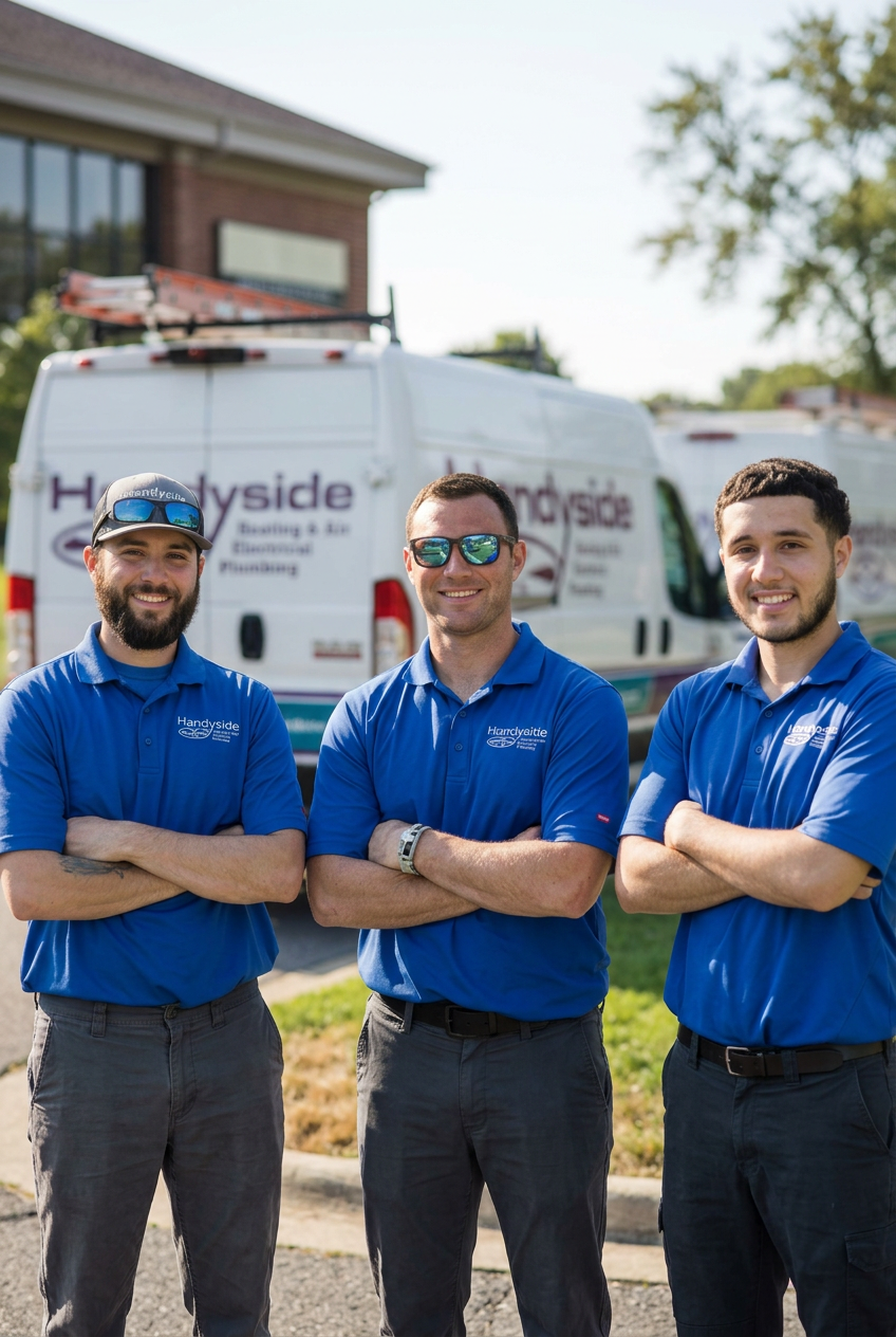 Smiling Handyside technicians in front of a Handyside service van