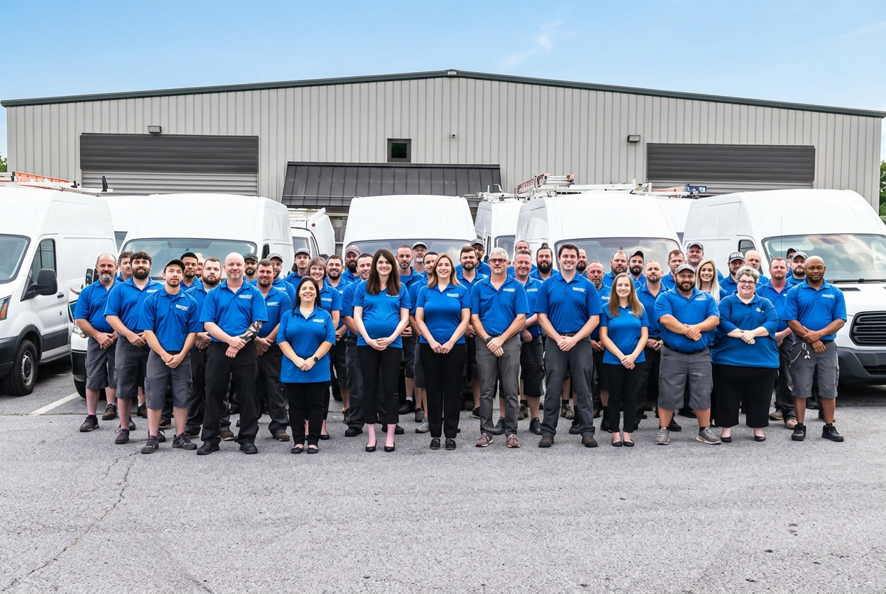 The Handyside team of HVAC, electrical, and plumbing technicians with their service vans