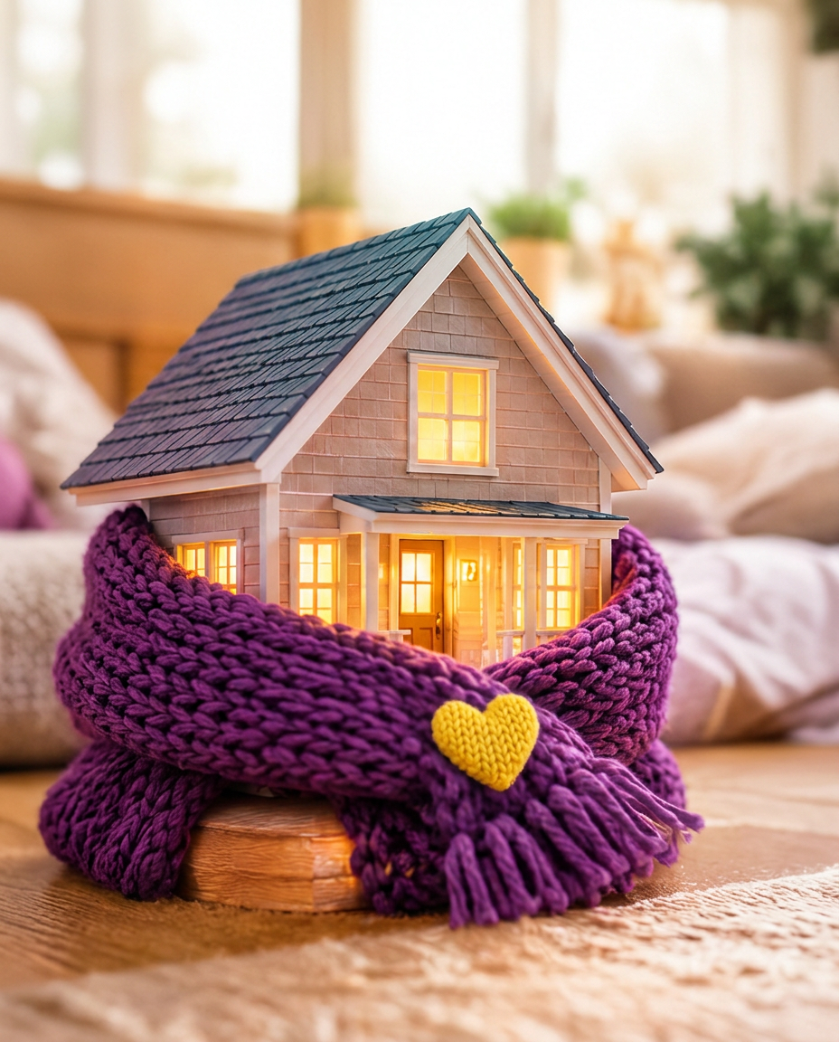 Cozy home wrapped in a purple knit scarf
