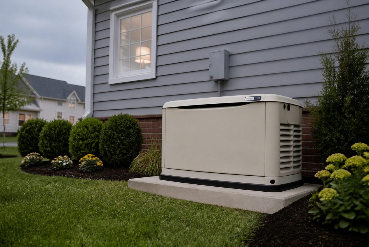 Whole-home standby generator installed beside a house